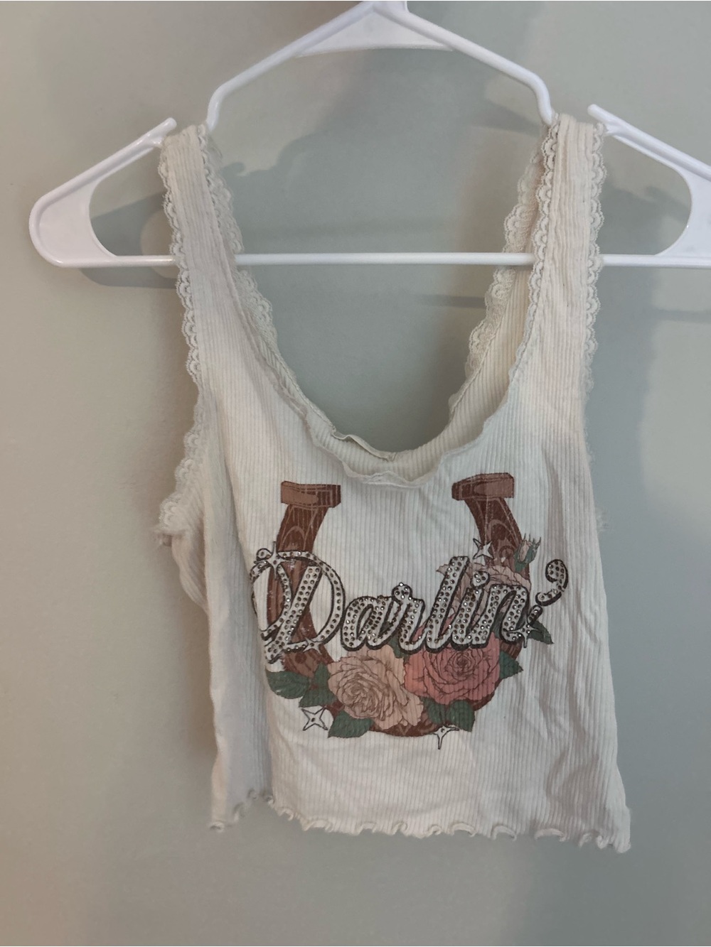 Altar’d State Darlin Floral Ribbed Lace-Trim Tank with Rhinestones